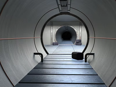 Cartoon Scene Featuring Tunnel Circular Entrance Wooden Floor Black Box and Gray Walls 3d model
