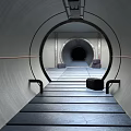 Cartoon Scene Featuring Tunnel Circular Entrance Wooden Floor Black Box and Gray Walls