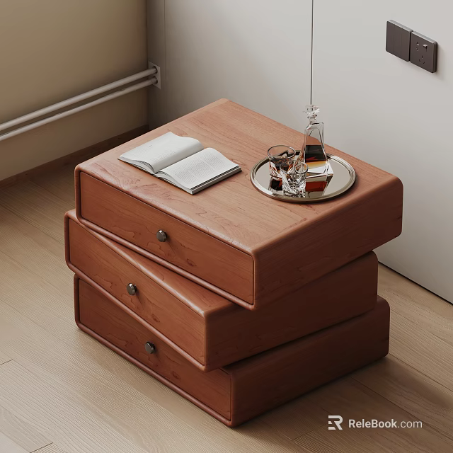 Wooden Bedside Table with Drawers Tray Glass and Open Book Decor 3d model 