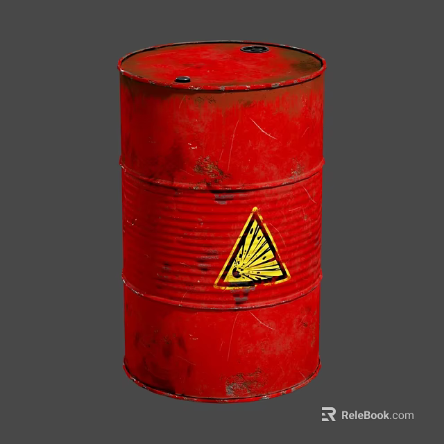 Industrial Equipment Red Oil Drum With Yellow Warning Triangle And Metal Structure 3d model 