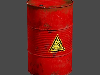 Industrial Equipment Red Oil Drum With Yellow Warning Triangle And Metal Structure 3d model