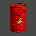 Industrial Equipment Red Oil Drum With Yellow Warning Triangle And Metal Structure