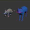 Gray Rat and Blue Cat 3D Models on Dark Background with Reflection
