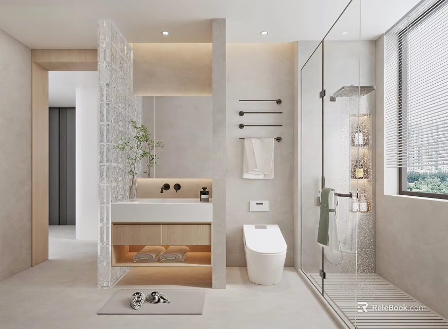 Modern Bathroom Interior With Glass Shower Enclosure White Toilet And Vanity Mirror 3d model 