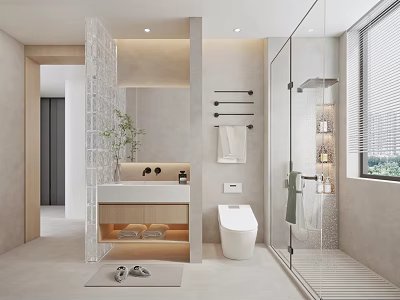Modern Bathroom Interior With Glass Shower Enclosure White Toilet And Vanity Mirror 3d model