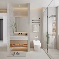 Modern Bathroom Interior With Glass Shower Enclosure White Toilet And Vanity Mirror