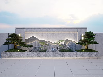 Modern Courtyard Feature Wall With Mountain Landscape Design Pine Trees And Stone Features 3d model