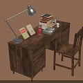 Wooden Desk and Chair Set With Table Lamp Books Photo Frame and Telephone