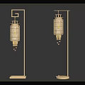 Chinese Style Floor Lamps With Golden Stands And Lantern Shaped Woven Shades For Home Interior