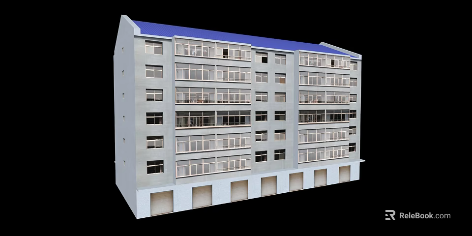 Multi Storey Commercial Complex With Blue Roof White Walls Windows Balconies And Ground Floor Units 3d model 