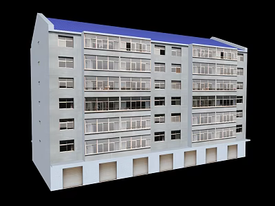 Multi Storey Commercial Complex With Blue Roof White Walls Windows Balconies And Ground Floor Units 3d model