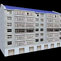 Multi Storey Commercial Complex With Blue Roof White Walls Windows Balconies And Ground Floor Units