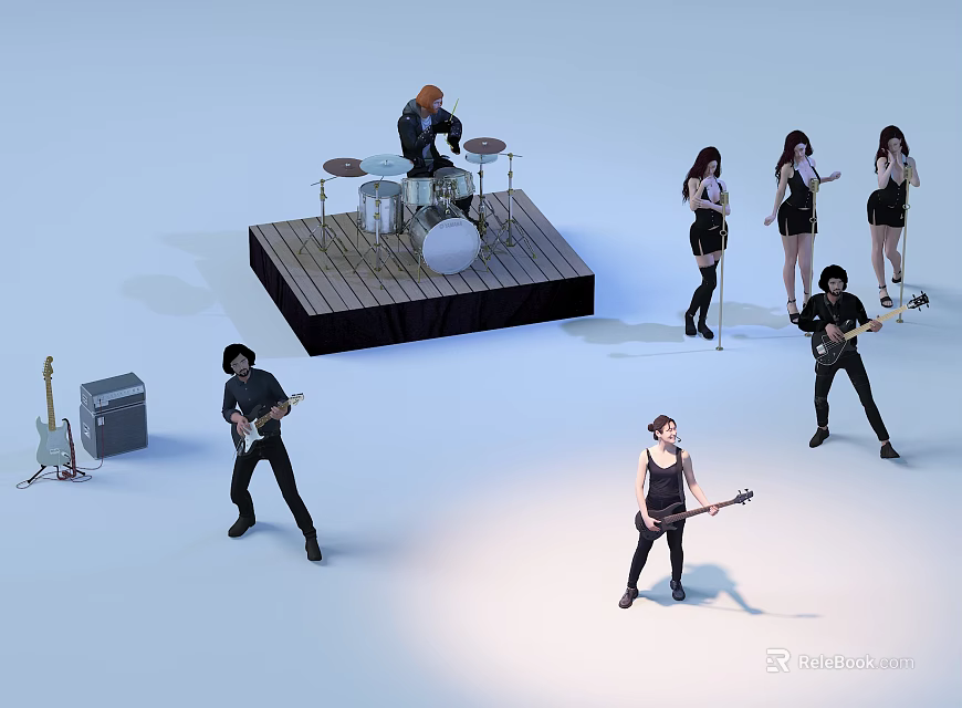 Group Of Band Members Performing On Wooden Stage With Drums Guitars And Singers 3d model 