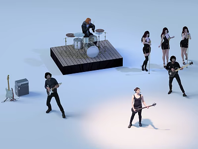 Group Of Band Members Performing On Wooden Stage With Drums Guitars And Singers 3d model