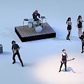 Group Of Band Members Performing On Wooden Stage With Drums Guitars And Singers