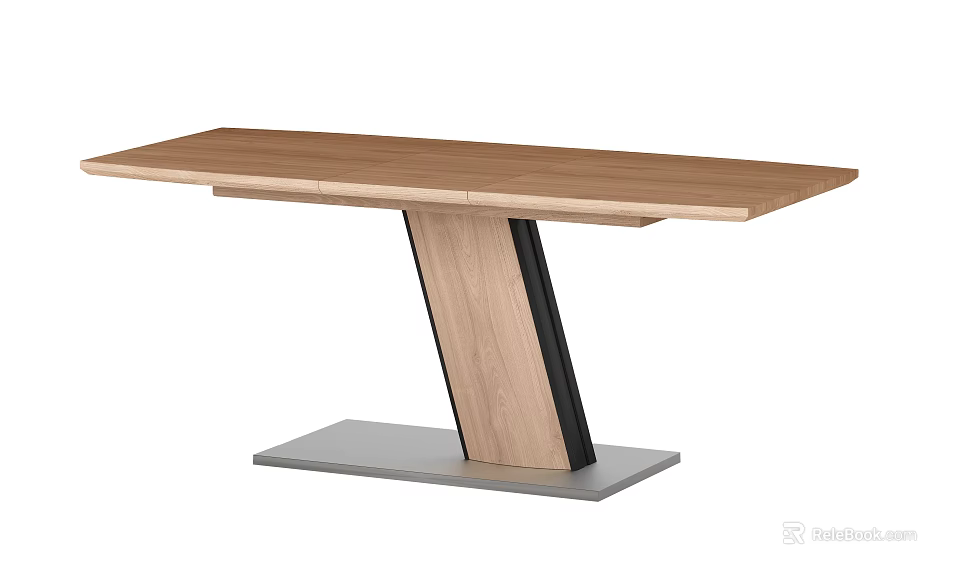 Modern Wooden Dining Table With Unique Slanted Legs And Gray Base 3d model 