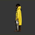 Person In Yellow Raincoat With Spiked Hat Mask Holding Sewing Machine And Fish