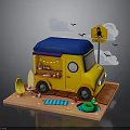 Yellow Food Truck Scene With Blue Canopy Banana Umbrella And Inflatable Ring