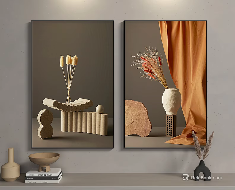 Stylish Interior Wall Art With Geometric Decor Dried Flowers And Orange Curtain 3d model 