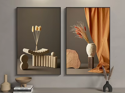 Stylish Interior Wall Art With Geometric Decor Dried Flowers And Orange Curtain 3d model