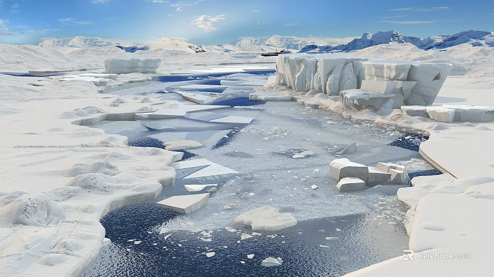 Pristine Arctic Landscape With Snow Covered Icebergs In Calm Water Distant Mountains And Blue Sky 3d model 