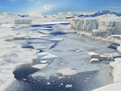 Pristine Arctic Landscape With Snow Covered Icebergs In Calm Water Distant Mountains And Blue Sky 3d model