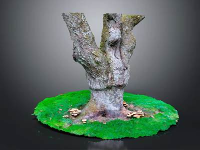 Natural Wooden Stump With Rough Texture On Green Grass And Mushrooms 3d model
