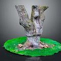 Natural Wooden Stump With Rough Texture On Green Grass And Mushrooms