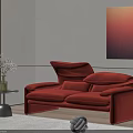 Red Two Seater Sofa In Living Room With Side Table Vase Flowers And Wall Painting