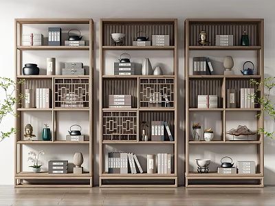 Elegant Traditional Chinese Wooden Display Shelves With Books Tea Sets And Decorative Items 3d model