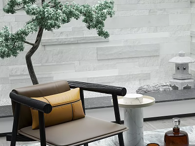 Elegant Modern Armchair With Brown Leather Seat Yellow Cushion Black Armrests Stone Wall And Green Plant 3d model