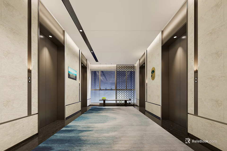Elegant Modern Elevator Hallway With Blue Gradient Carpet Soft Lighting And Decorative Walls 3d model