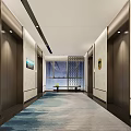 Elegant Modern Elevator Hallway With Blue Gradient Carpet Soft Lighting And Decorative Walls 3d model
