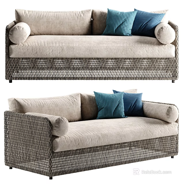 Modern Woven Frame Beige Sectional Sofa With Blue Decorative Pillows 3d model 