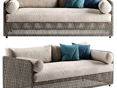 Modern Woven Frame Beige Sectional Sofa With Blue Decorative Pillows 3d model