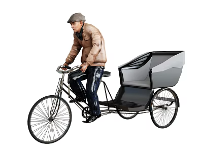 Man Riding Vintage Rickshaw With Covered Passenger Seat And Brown Jacket 3d model