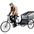 Man Riding Vintage Rickshaw With Covered Passenger Seat And Brown Jacket