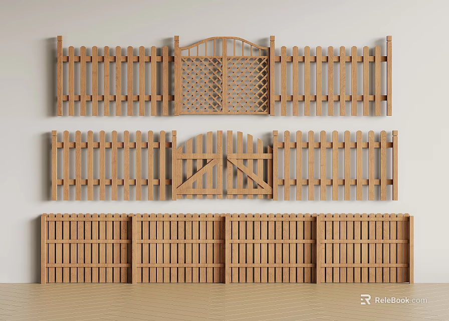 Wooden Fences With Various Designs And Gates 3d model 