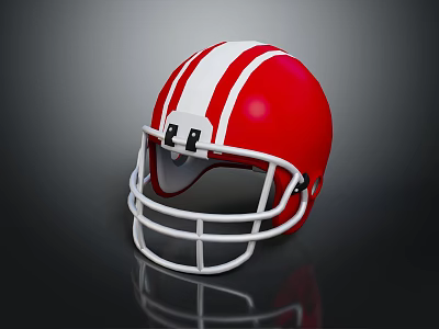 Red And White Striped American Football Helmet With White Facemask On Dark Background With Reflection 3d model