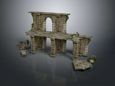 Ancient Stone Ruins Featuring Arch Structure Broken Pillars And Scattered Stones 3d model
