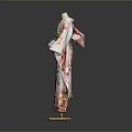Traditional Japanese Kimono With Colorful Floral Pattern And Green Obi On Wooden Mannequin