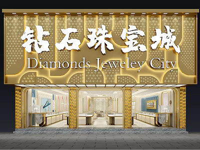 Diamonds Jewelry City Luxury Storefront With Golden Decor And Jewelry Showcases 3d model