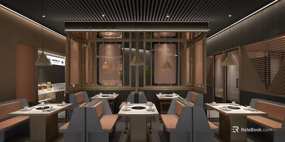 Modern Chinese Hot Pot Restaurant Interior With Wooden Slat Ceiling Lattice Partition And Booth Seating 3d model 