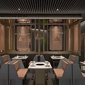 Modern Chinese Hot Pot Restaurant Interior With Wooden Slat Ceiling Lattice Partition And Booth Seating