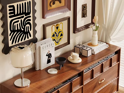Modern Decorative Item Combination With Wooden Cabinet Lamp Magazines Vase And Wall Art 3d model