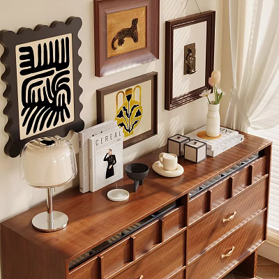 Modern Decorative Item Combination With Wooden Cabinet Lamp Magazines Vase And Wall Art 3d model