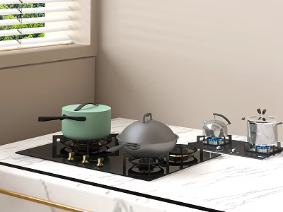 Modern Kitchen Gas Stove With Cooking Pots On Marble Countertop And Appliances 3d model