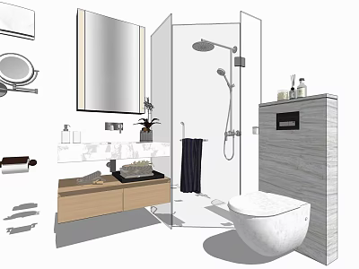 Modern Bathroom Vanity With Wooden Cabinet Mirror And Toiletries In Design 3d model