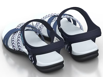 White And Navy Blue Braided Strap Sandals With Black Sole For Casual Wear 3d model