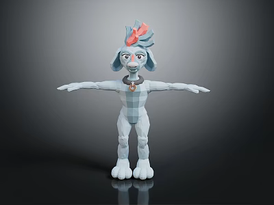 Cartoon Dog 3D Model With Blue Body Red Pink Headdress Necklace And Open Arms 3d model